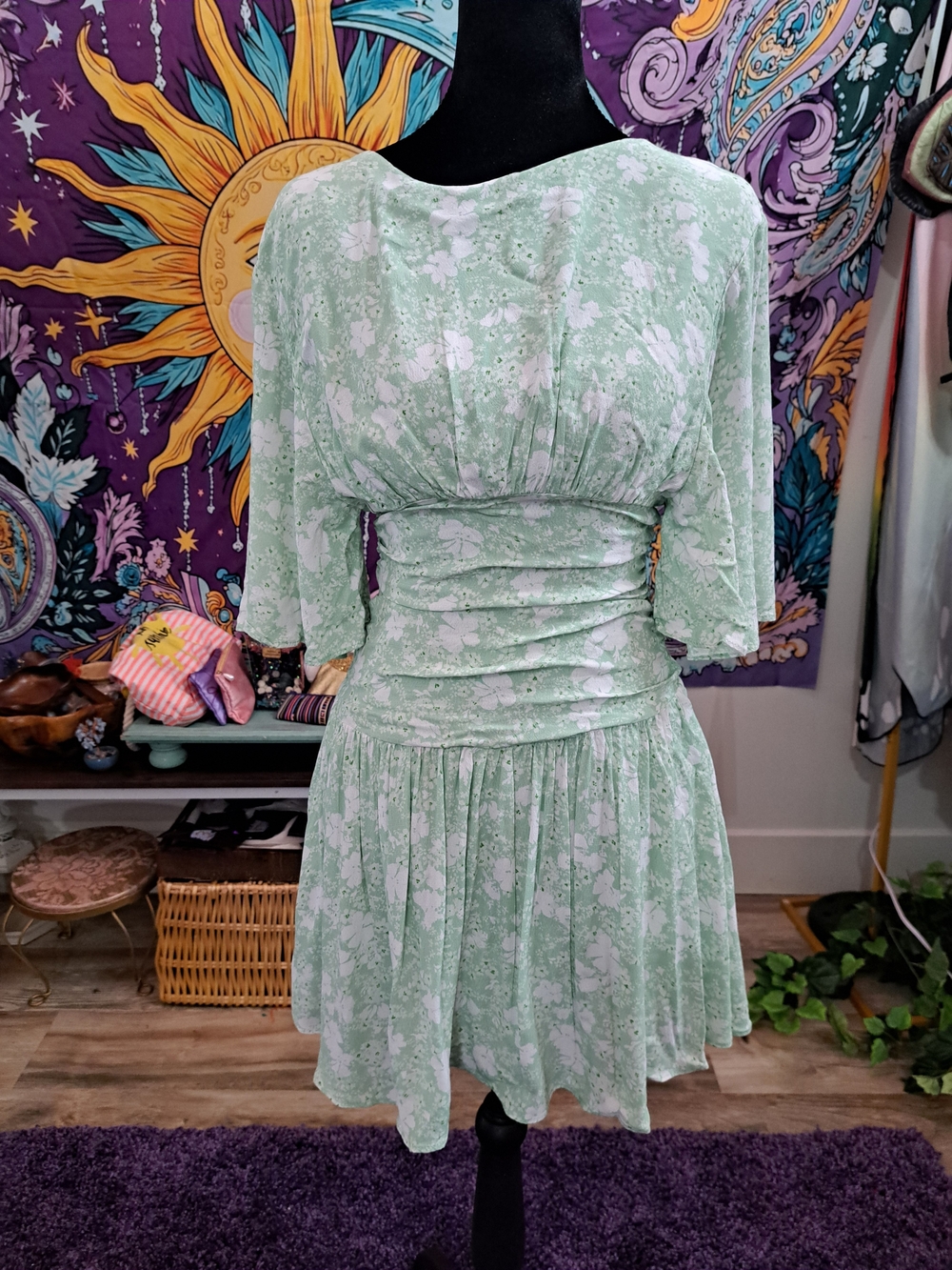 Mint Garden Fairy Dress | Sabo Skirt Floral Ruched Waist Mini Dress Size Small